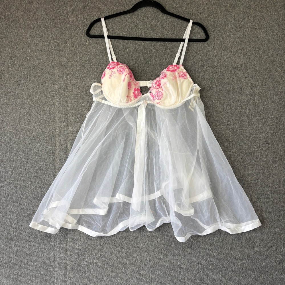 NWT Y2K Secret Treasures White Pink Floral Mesh Babydoll Chemise Lingerie Large